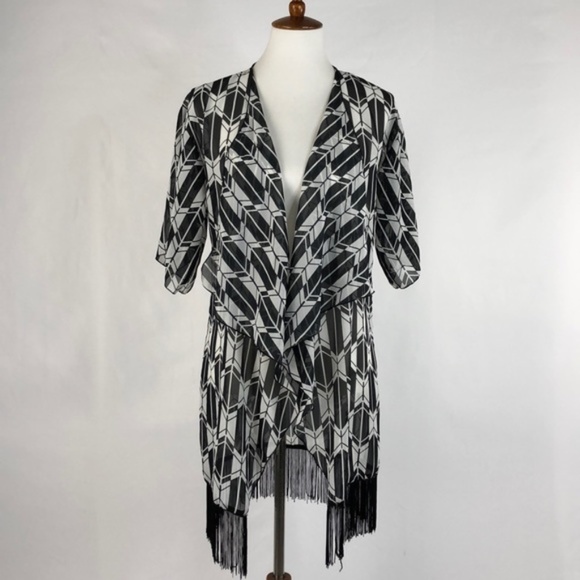 LuLaRoe Tops - LuLaRoe Black & White Sheer Fringe Kimono, Small